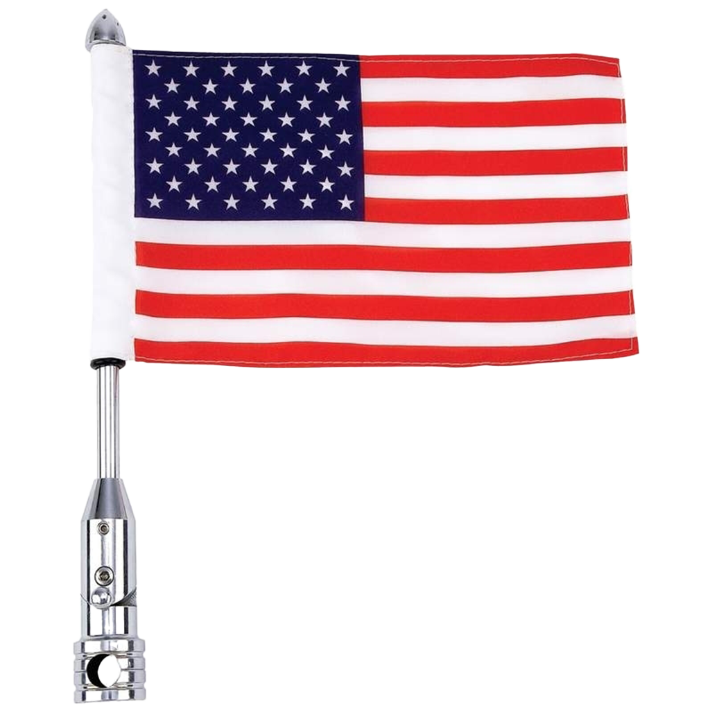 A motorcycle flagpole mount with an American flag attached to it