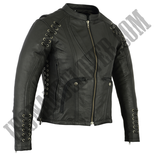 Leather Jacket with Grommet & Lacing Accents in Black