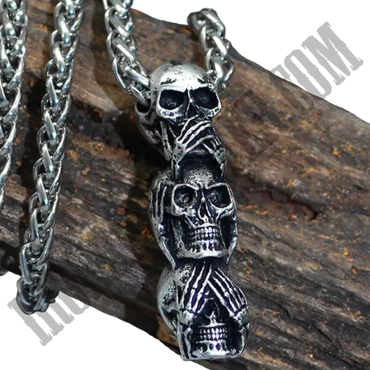Three Wise Skulls Pendant Necklace