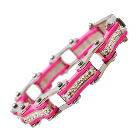 Bike Chain Bracelet in Silver & Pink with White Crystal Centers