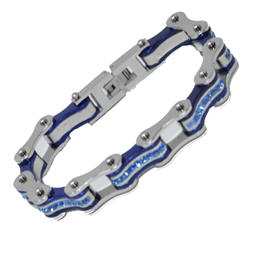 Bike Chain Bracelet in Silver & Candy Blue with Blue Crystal Centers