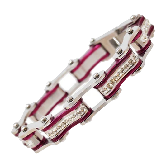 Bike Chain Bracelet in Silver & Candy Red with White Crystal Centers