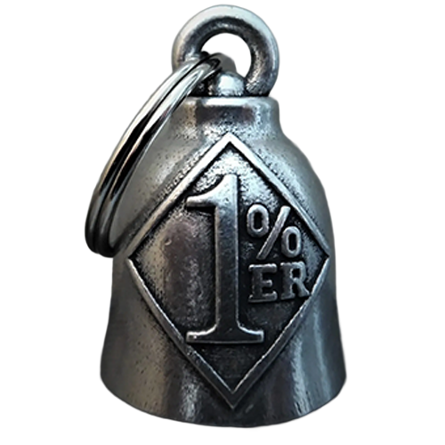 Silver bell with '1%ER' engraving on a white background