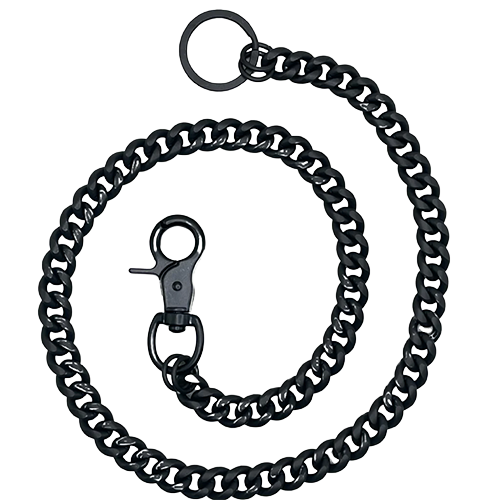 A matte black 28-inch Cuban link wallet chain with a clasp and loop end.