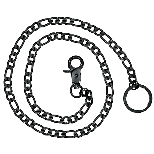 A 28-inch matte black stainless steel herringbone wallet chain with a clasp and loop end.