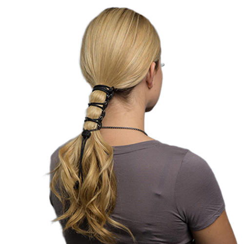 A 4 inch black leather lace up hair glove securing a ponytail for motorcycle riding