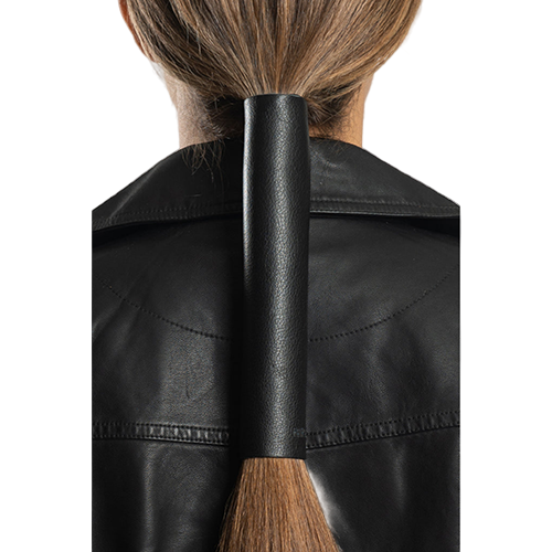 A black leather hair glove worn on a ponytail, showing the back view with the glove wrapped around the hair.