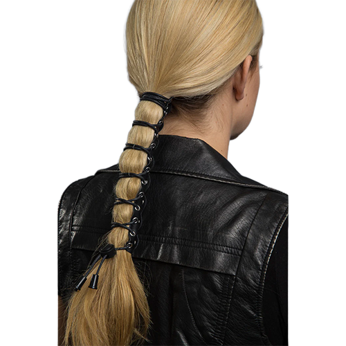 An 8 inch black leather lace up hair glove securing a ponytail for motorcycle riding