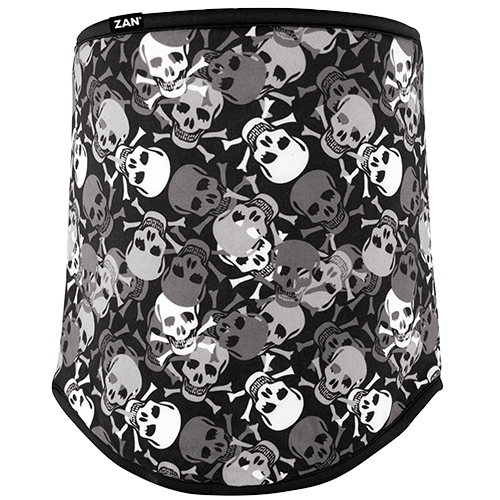 A neck gaiter with a black and white skull pattern and a ZAN brand logo at the top center.