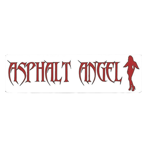 White helmet sticker with red text reading asphalt angel and female silhouette