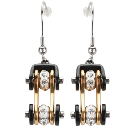 Womenβs Bike Chain Earrings β Black & Gold With Sparkle