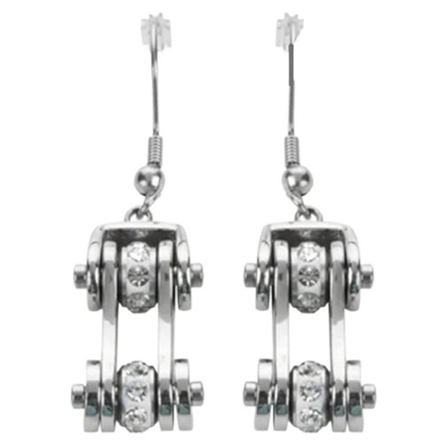 Women’s Chrome Motorcycle Chain Earrings With Sparkle
