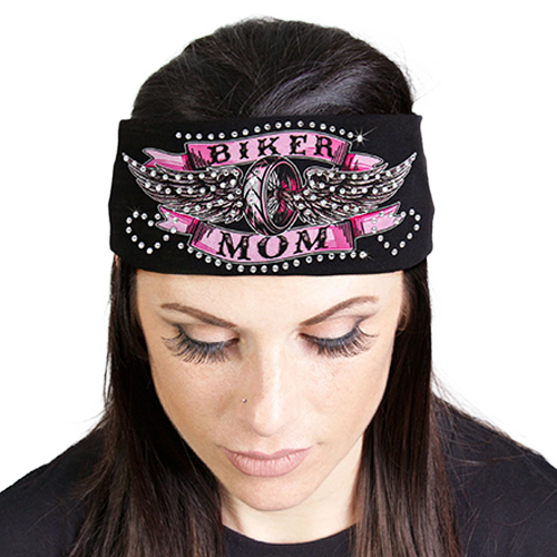 Woman wearing a black headband with pink 'Biker Mom' text and wings design.