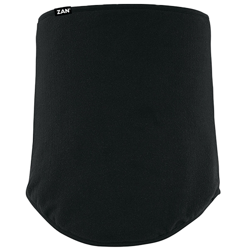 A black fleece lined neck gaiter with a contoured design and a logo visible at the top edge.