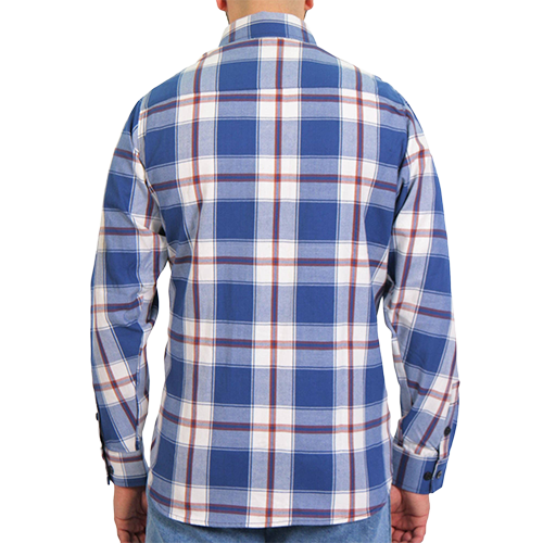 Back of Black Lantern blue, white and red long-sleeve flannel