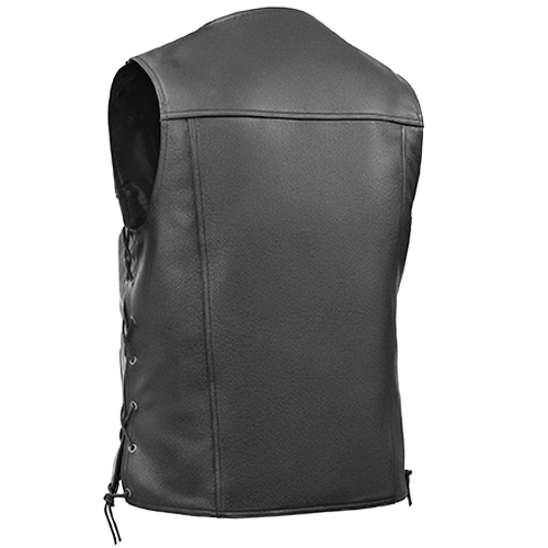 Back view of black leather vest with side laces