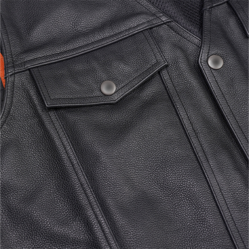 Close-up of a black leather vest with a pocket and button details.