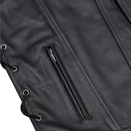 Close-up of a black leather vest with zipper pocket and side laces