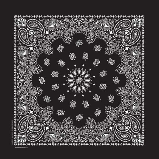 A black paisley bandana with intricate white patterns, displaying a traditional bandana design.