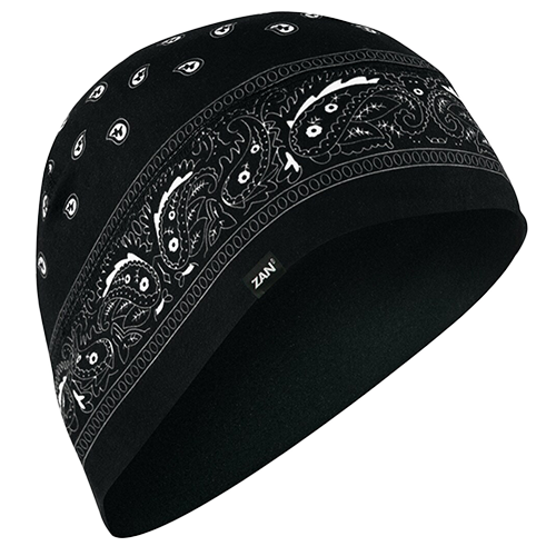 A black paisley-patterned beanie by ZANheadgear.