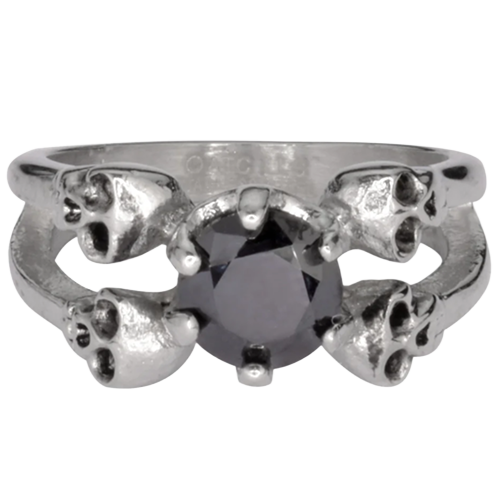 Silver ring with a central gemstone surrounded by skull designs.