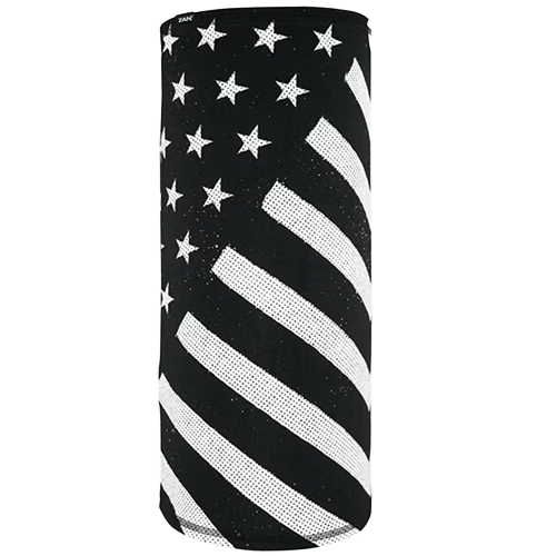 A cylindrical product with a black and white flag pattern, featuring stars and stripes.