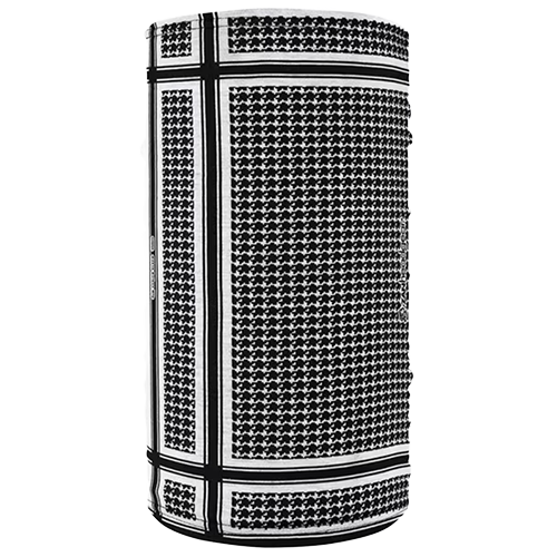 A black and white houndstooth fleece lined motley tube, displayed in a cylindrical shape with the pattern visible on the surface.