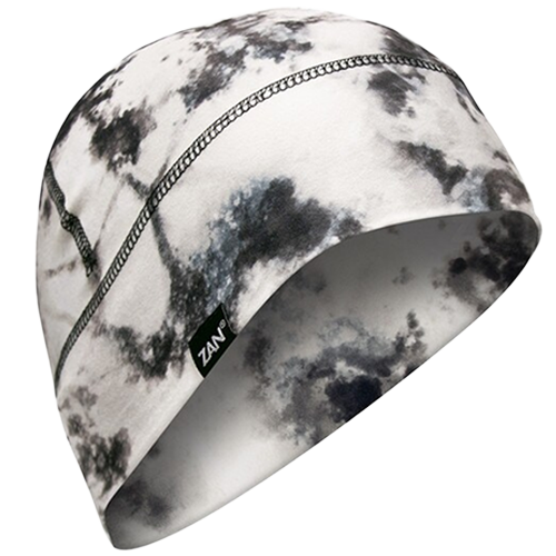 Marble-patterned beanie with a visible brand logo on a white background