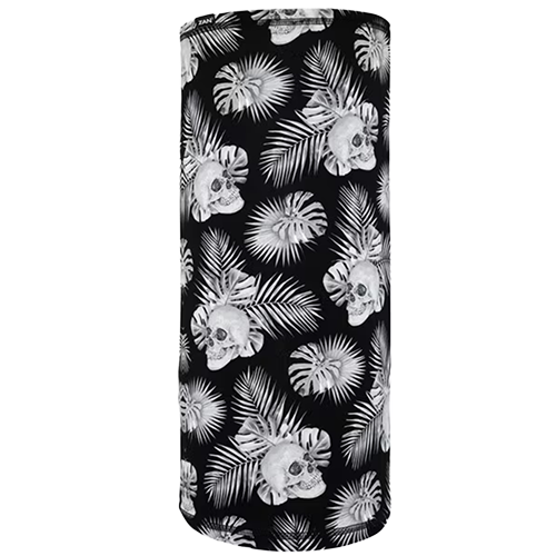A black and white motley tube with a tropical skull design, featuring leaf patterns and skull prints.
