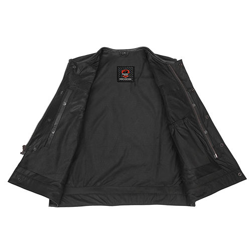 Interior view of Blackbird™ leather vest showing concealed carry pockets and mesh lining.