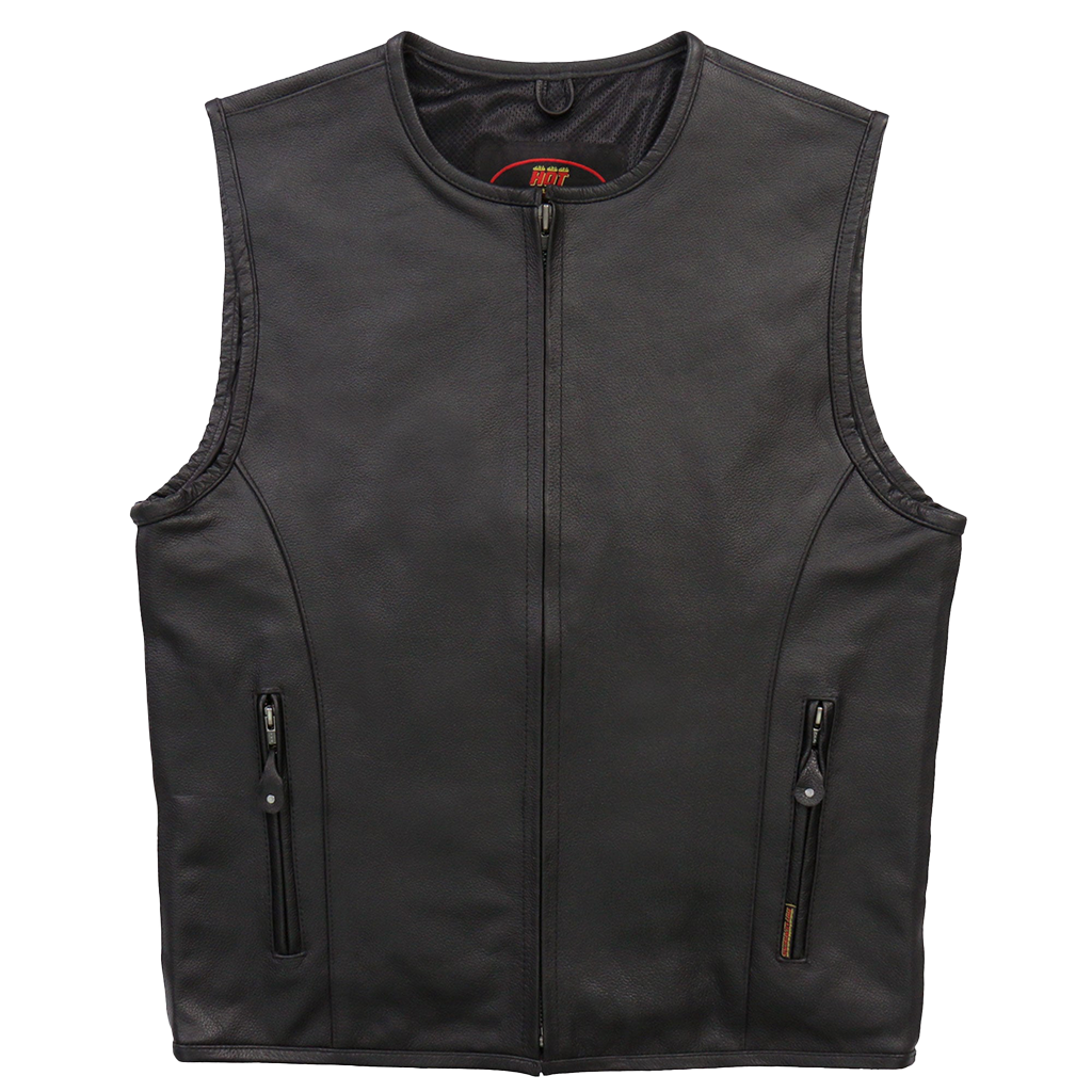 A black leather vest with a rounded collar, zippered front, hand pockets, and concealed carry pockets. It features a mesh lining.