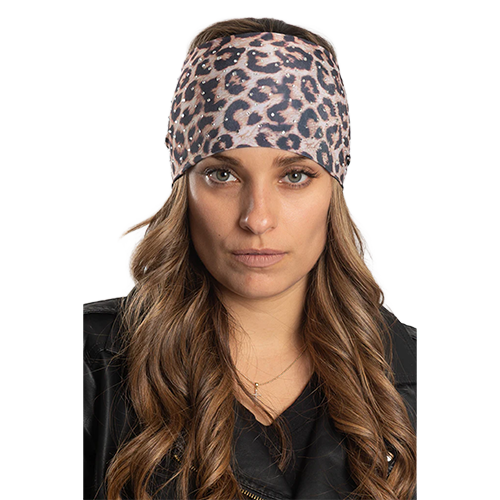 Woman wearing a leopard print headband
