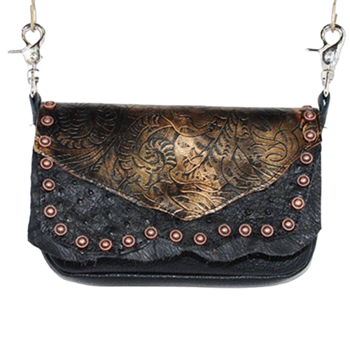 Black Leather Hip Bag With Bronze Foiled Floral Lid