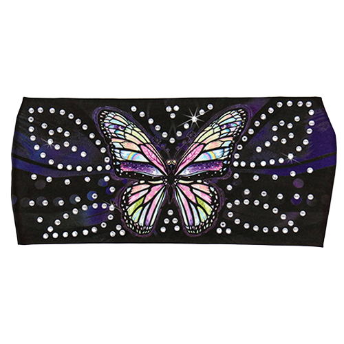 Butterfly design with rhinestones on a black headband.