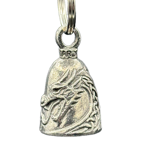 A silver pewter motorcycle bell with a Celtic dragon design.