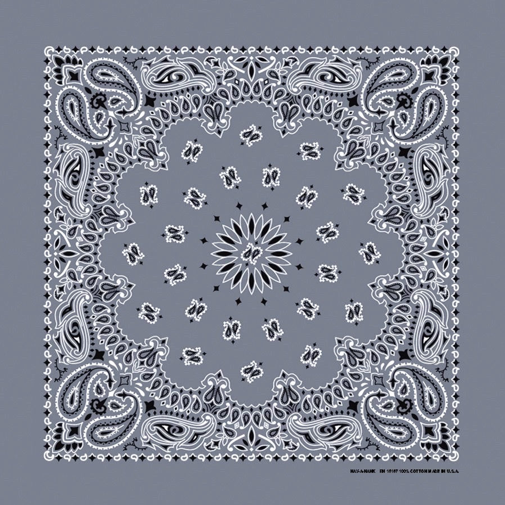 A two-sided chambray bandana with a paisley pattern, displayed flat.