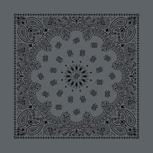An oversized charcoal and black Austin paisley bandana with a two-sided print.