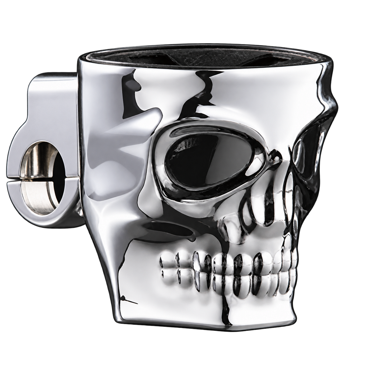 Chrome Kruzer Kaddy skull motorcycle cup holder with round handlebar clamp