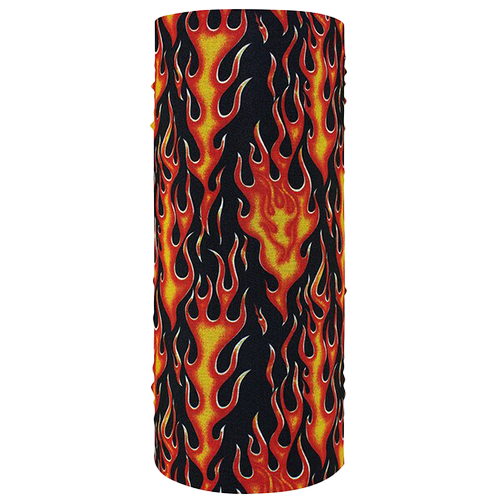 A tube-shaped headgear with a fiery flame pattern in red and black colors