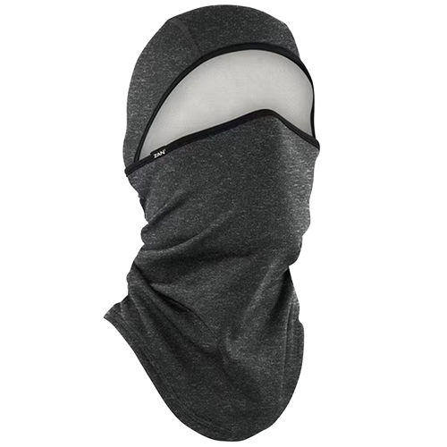 A charcoal heather convertible balaclava with a cutout for the face, designed to be worn as a head covering.