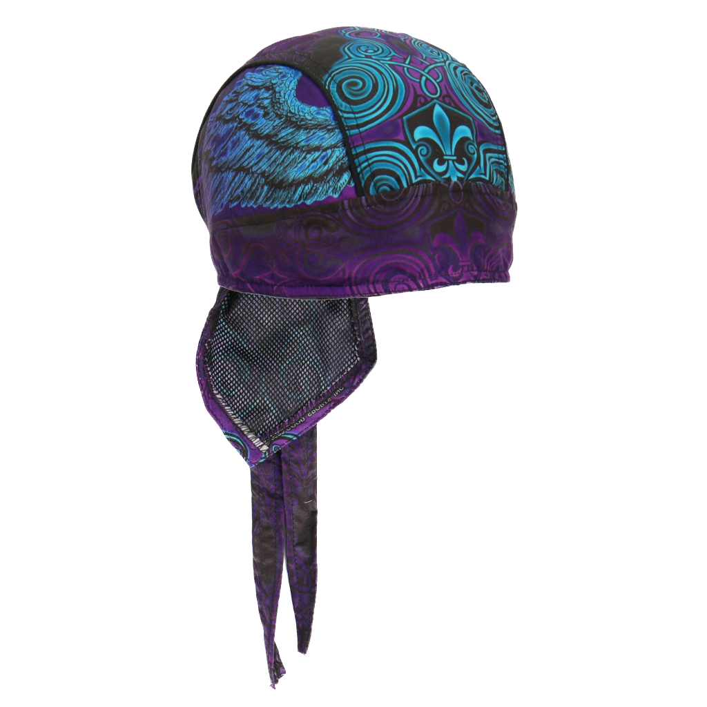 Motorcycle Headwrap With Cross And Fleur De Lis Design Angled View