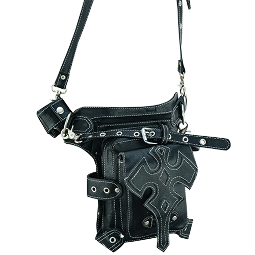 Black Leather Cross Front Thigh Pack For Motorcycle Riders