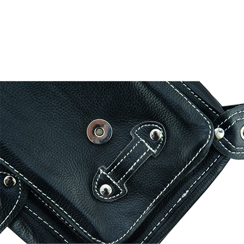 Close-up of a black leather bag with metal hardware