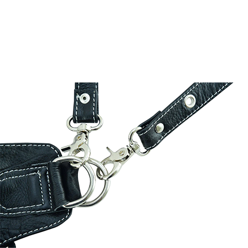 Black leather multi-wear bag with metal clip and straps