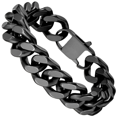 A black 16mm-wide Cuban link bracelet with a secure lobster claw clasp.