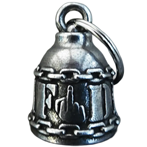 Silver bell-shaped charm with 'DILLIGAF'  initials wraped around it.