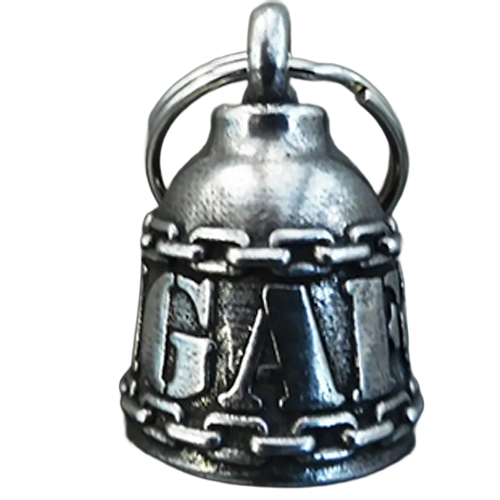 Silver bell-shaped charm with 'DILLIGAF'  initials wraped around it.