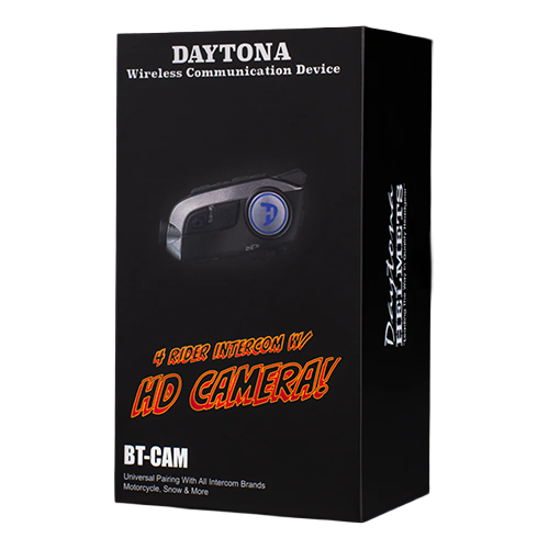 Box packaging for Daytona Wireless Communication Device with HD Camera, showcasing the product and its key feature of 4 rider intercom with HD camera.