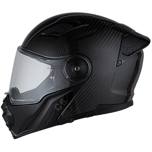 A grey carbon fiber modular motorcycle helmet with dual shields and DOT/ECE safety certification.