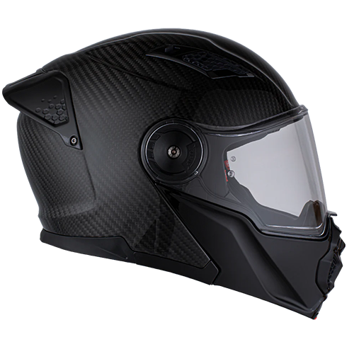 A grey carbon fiber modular motorcycle helmet with dual shields and DOT/ECE safety certification.